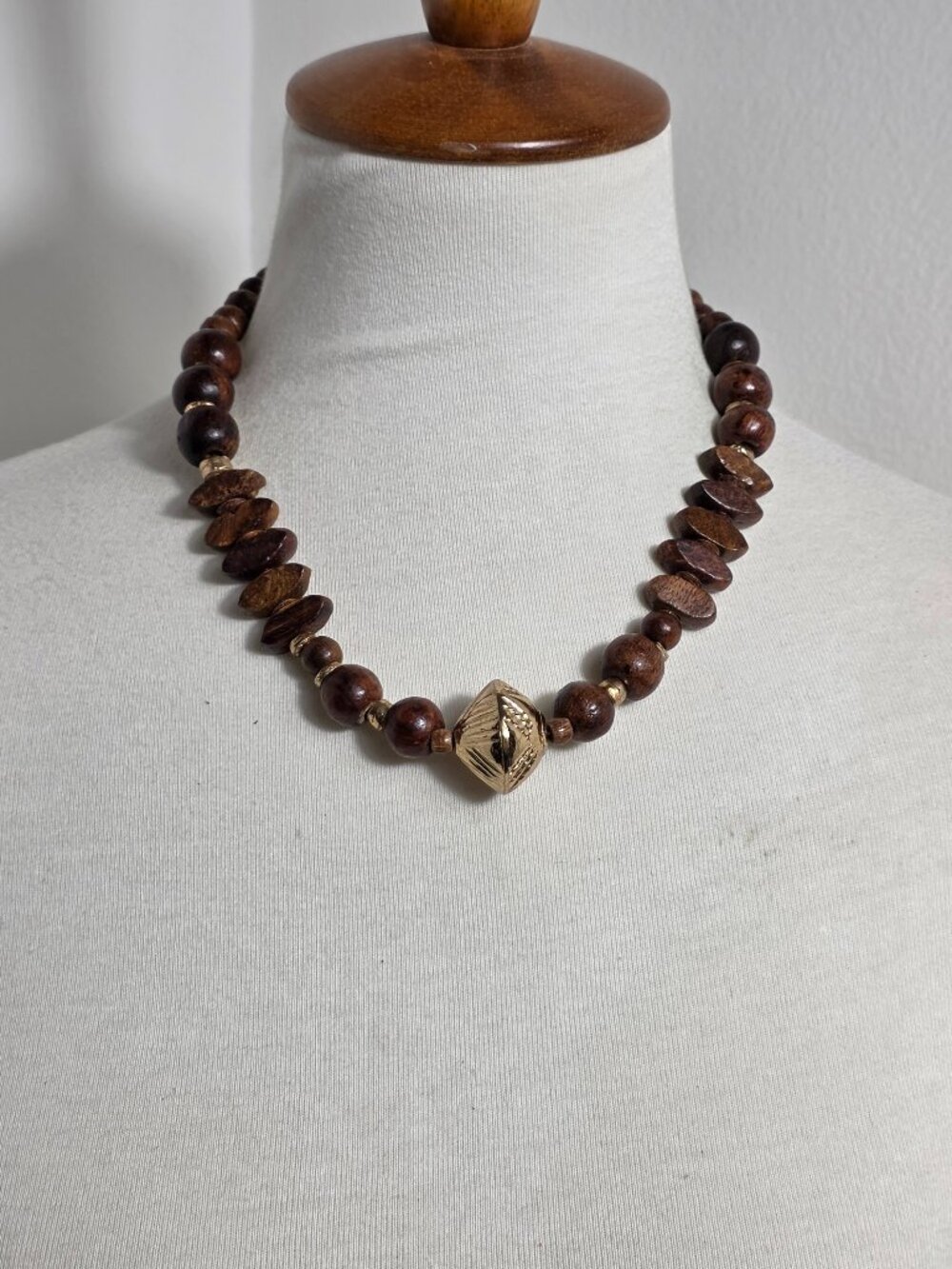 Vintage Brown Wood Bead Statement Necklace Round & Flat Beads Gold Accents